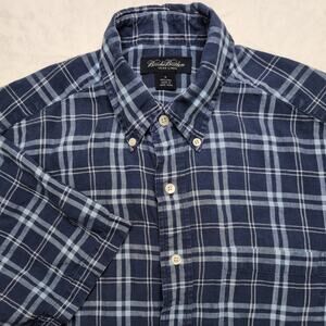 Brooks Brothers Irish Linen Men's Plaid Button Down Shirt - Medium Blue Linen